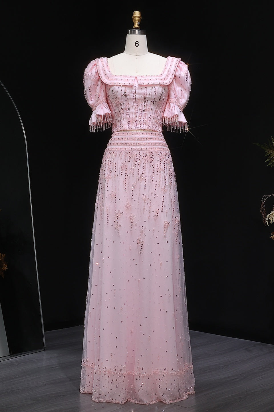 Pink Sequined Two-Piece Square Neck Puff Sleeve Mermaid Evening Dress SS548