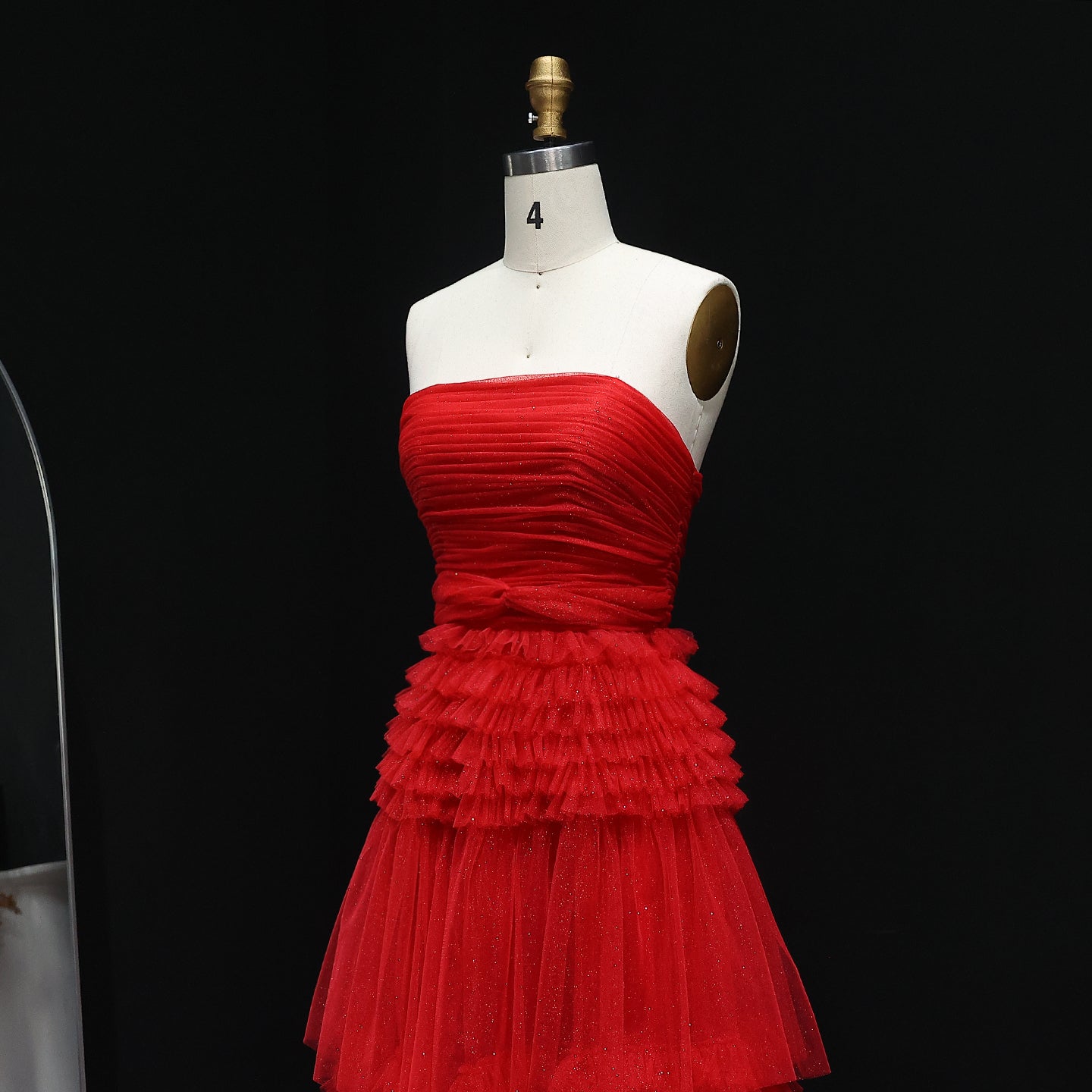 Red Strapless Ruffled Tulle A-Line Off Shoulder Evening Dress SH158