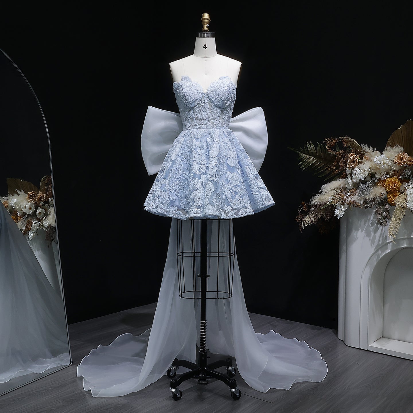 Light Blue Strapless Lace Short Prom Dress with Oversized Bow Train RM138 Sheer Fairy