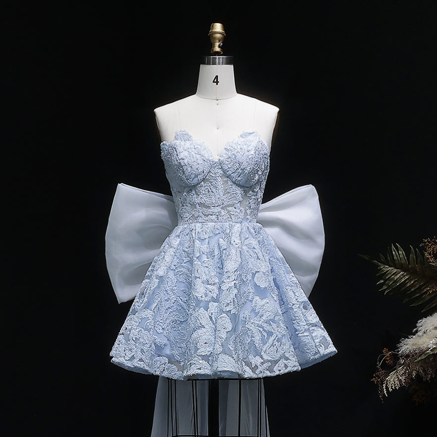 Light Blue Strapless Lace Short Prom Dress with Oversized Bow Train RM138 Sheer Fairy
