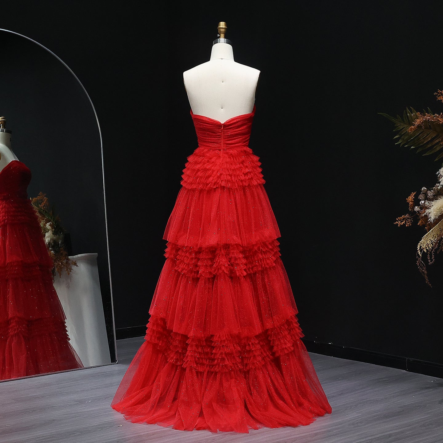 Red Strapless Ruffled Tulle A-Line Off Shoulder Evening Dress SH158
