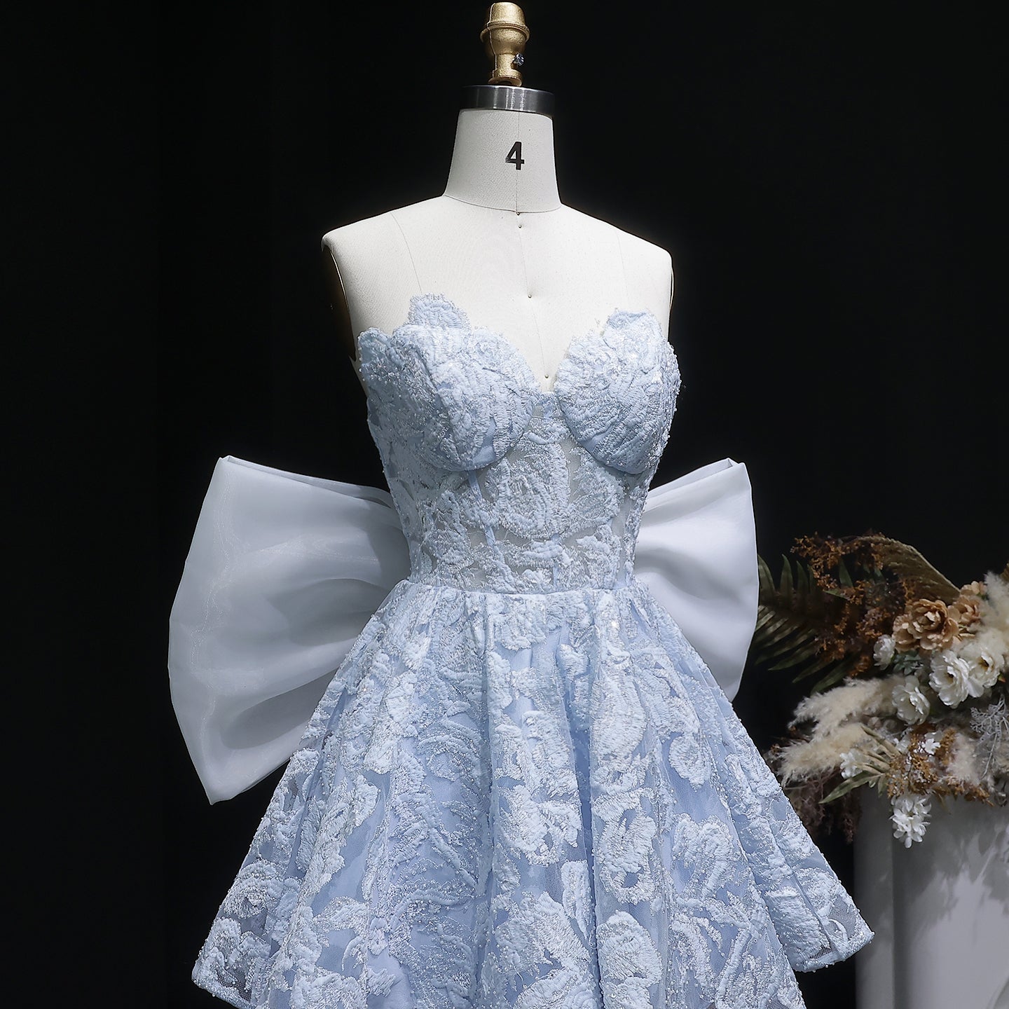 Light Blue Strapless Lace Short Prom Dress with Oversized Bow Train RM138 Sheer Fairy