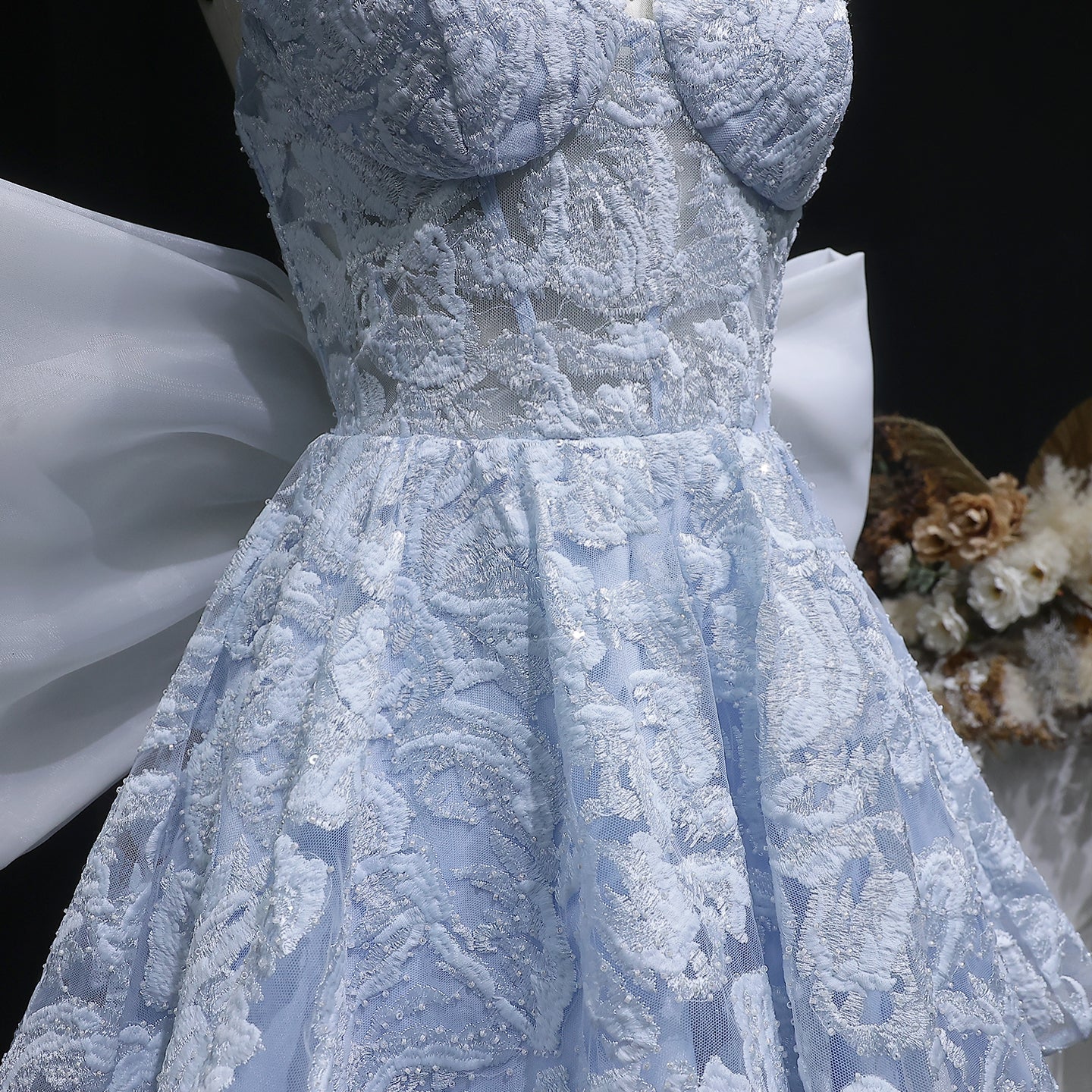 Light Blue Strapless Lace Short Prom Dress with Oversized Bow Train RM138 Sheer Fairy