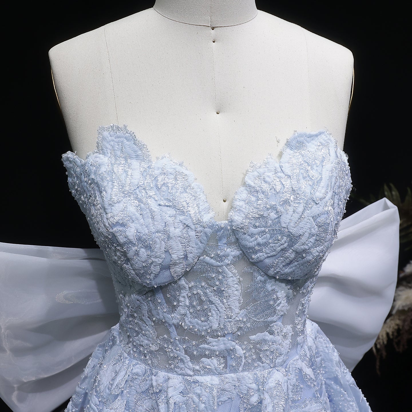 Light Blue Strapless Lace Short Prom Dress with Oversized Bow Train RM138 Sheer Fairy