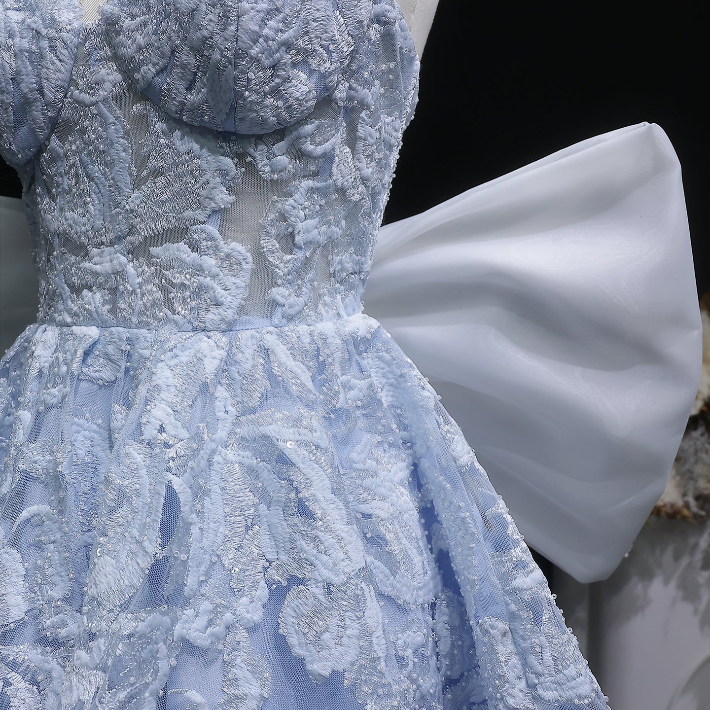 Light Blue Strapless Lace Short Prom Dress with Oversized Bow Train RM138 Sheer Fairy