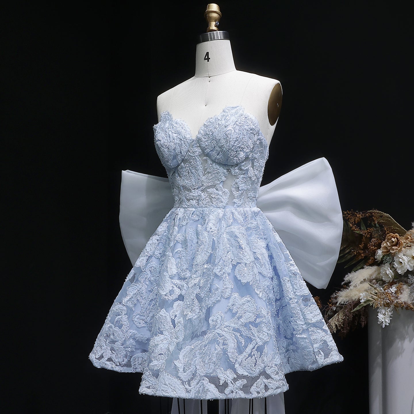 Light Blue Strapless Lace Short Prom Dress with Oversized Bow Train RM138 Sheer Fairy