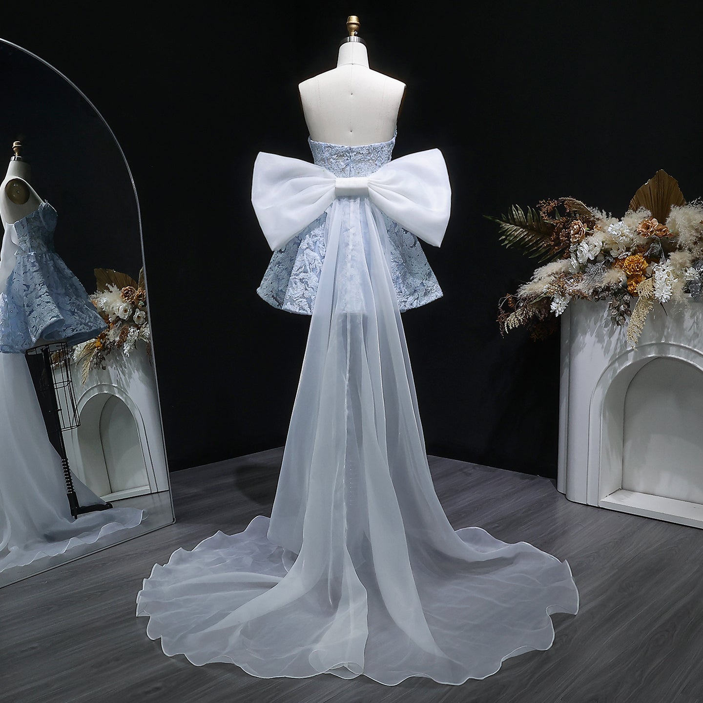 Light Blue Strapless Lace Short Prom Dress with Oversized Bow Train RM138 Sheer Fairy