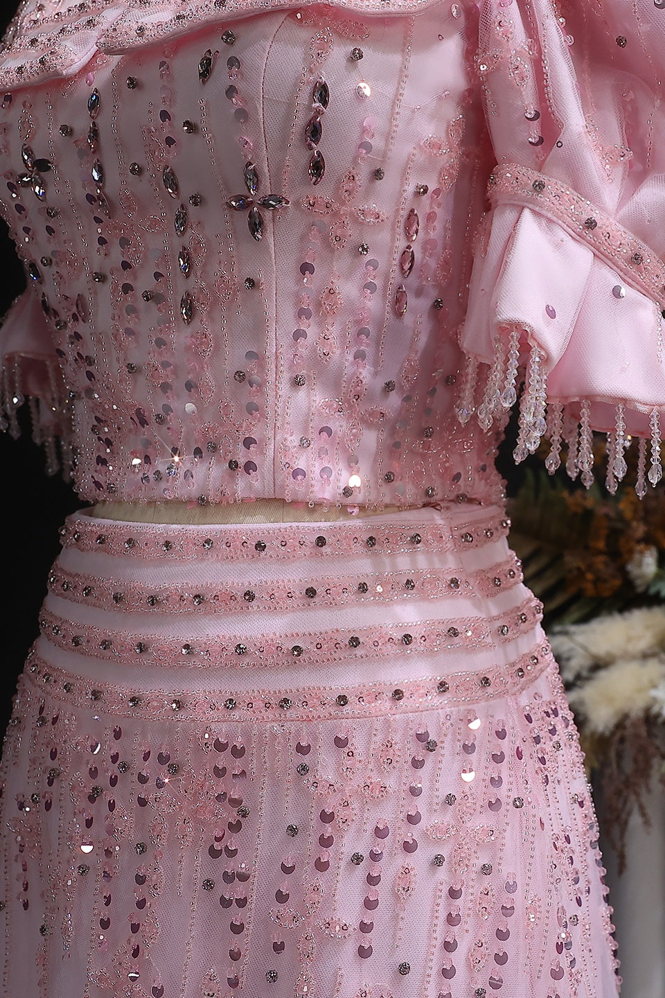 Pink Sequined Two-Piece Square Neck Puff Sleeve Mermaid Evening Dress SS548