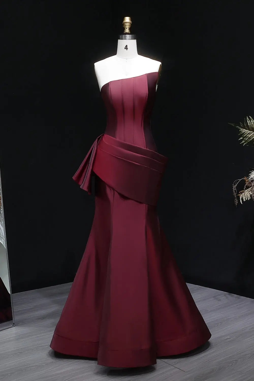 Burgundy Satin Mermaid Evening Dress with Asymmetrical Draping SF494 Sheer Fairy