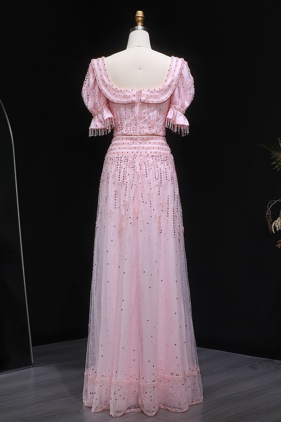 Pink Sequined Two-Piece Square Neck Puff Sleeve Mermaid Evening Dress SS548
