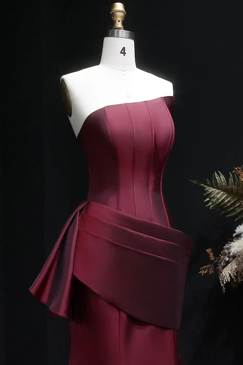 Burgundy Satin Mermaid Evening Dress with Asymmetrical Draping SF494 Sheer Fairy
