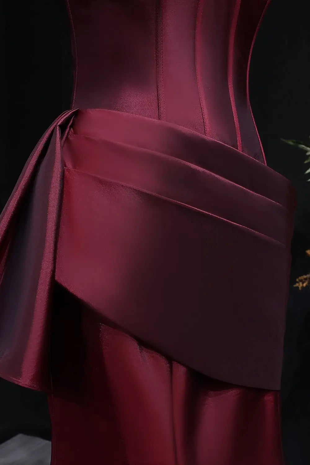 Burgundy Satin Mermaid Evening Dress with Asymmetrical Draping SF494 Sheer Fairy