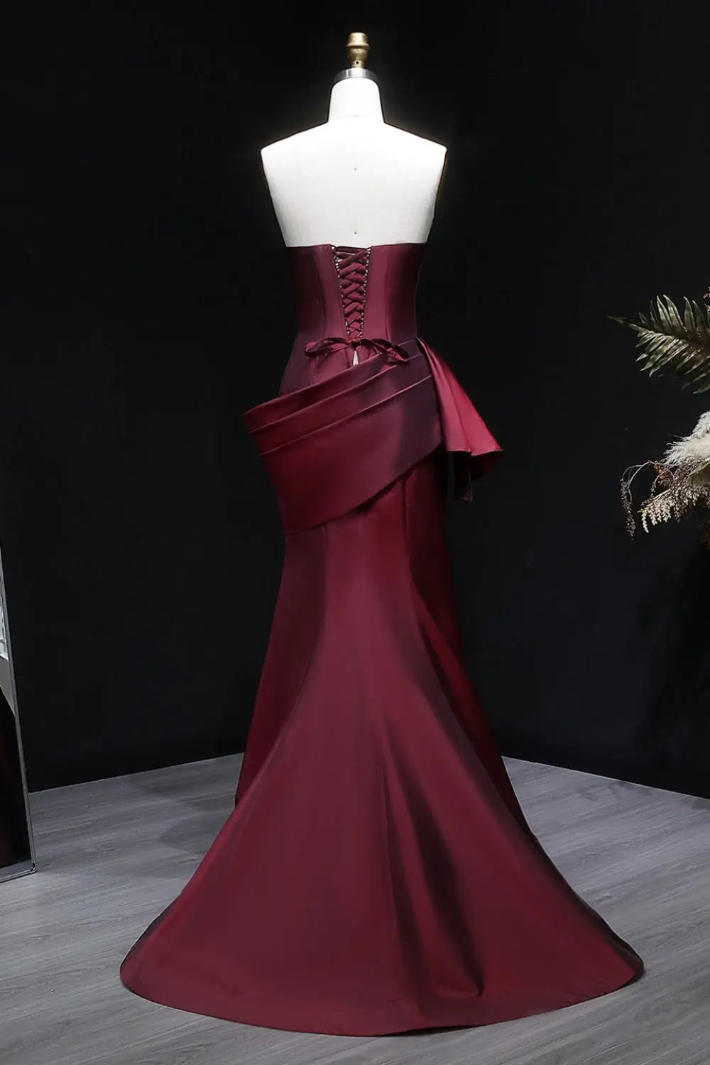 Burgundy Satin Mermaid Evening Dress with Asymmetrical Draping SF494 Sheer Fairy