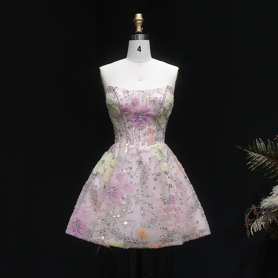 Pink Strapless 3D Floral Homecoming Dress with Sparkle Tulle RM135 Sheer Fairy
