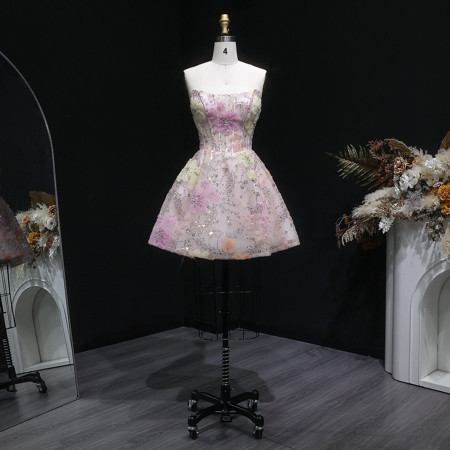 Pink Strapless 3D Floral Homecoming Dress with Sparkle Tulle RM135 Sheer Fairy