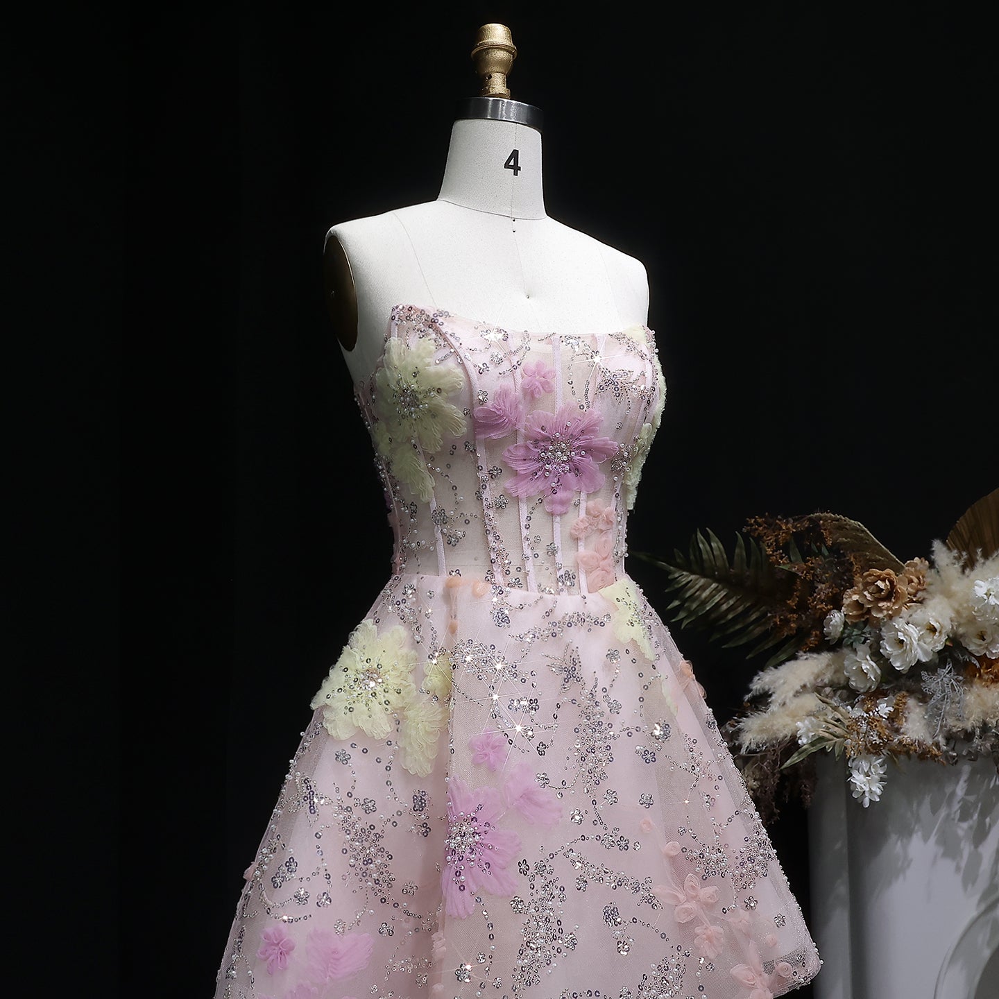 Pink Strapless 3D Floral Homecoming Dress with Sparkle Tulle RM135 Sheer Fairy