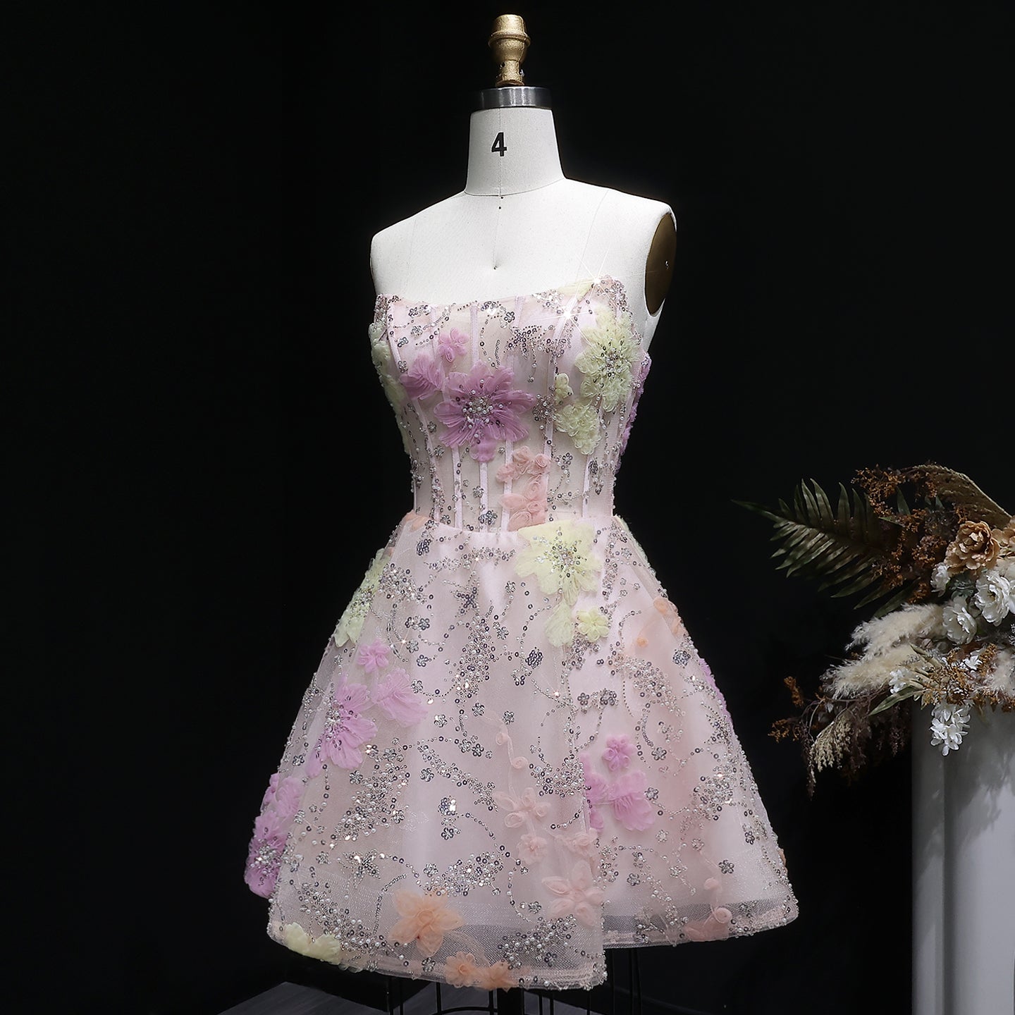 Pink Strapless 3D Floral Homecoming Dress with Sparkle Tulle RM135 Sheer Fairy