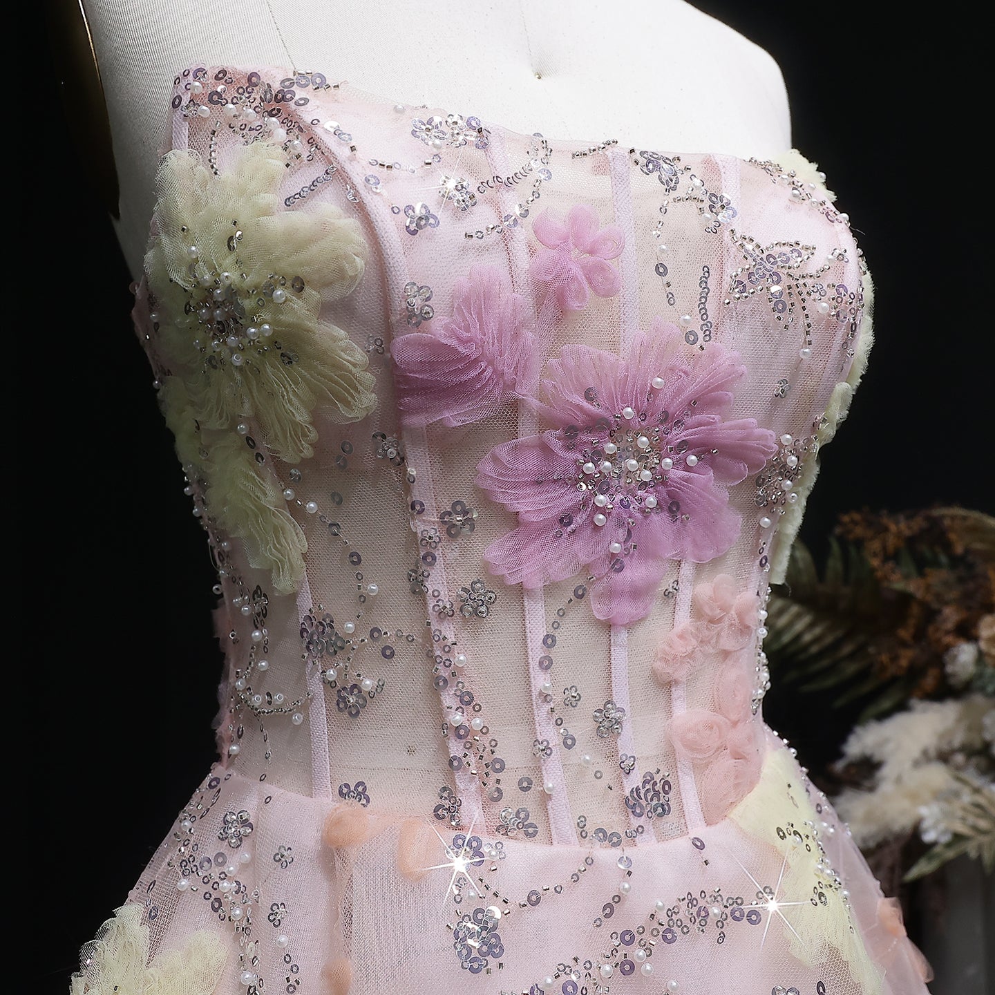 Pink Strapless 3D Floral Homecoming Dress with Sparkle Tulle RM135 Sheer Fairy