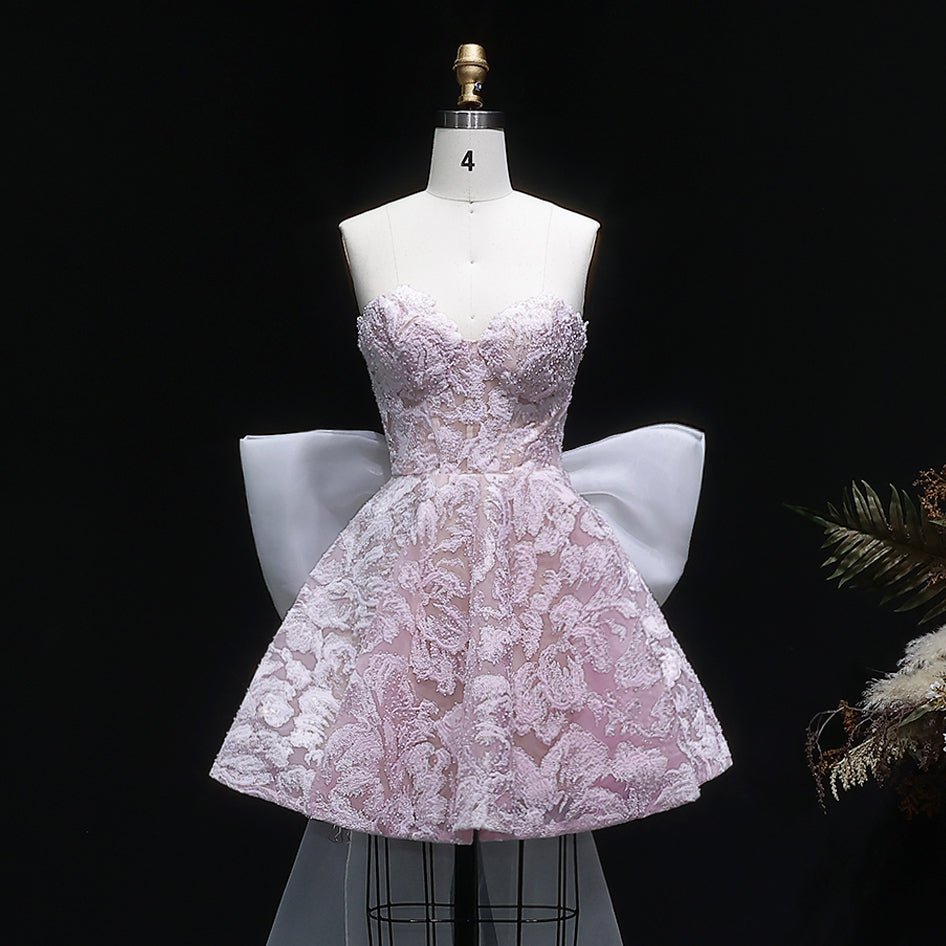 Light Blue Strapless Lace Short Prom Dress with Oversized Bow Train RM138 Sheer Fairy