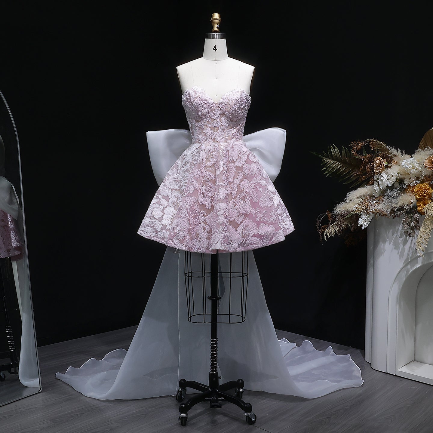 Light Blue Strapless Lace Short Prom Dress with Oversized Bow Train RM138 Sheer Fairy