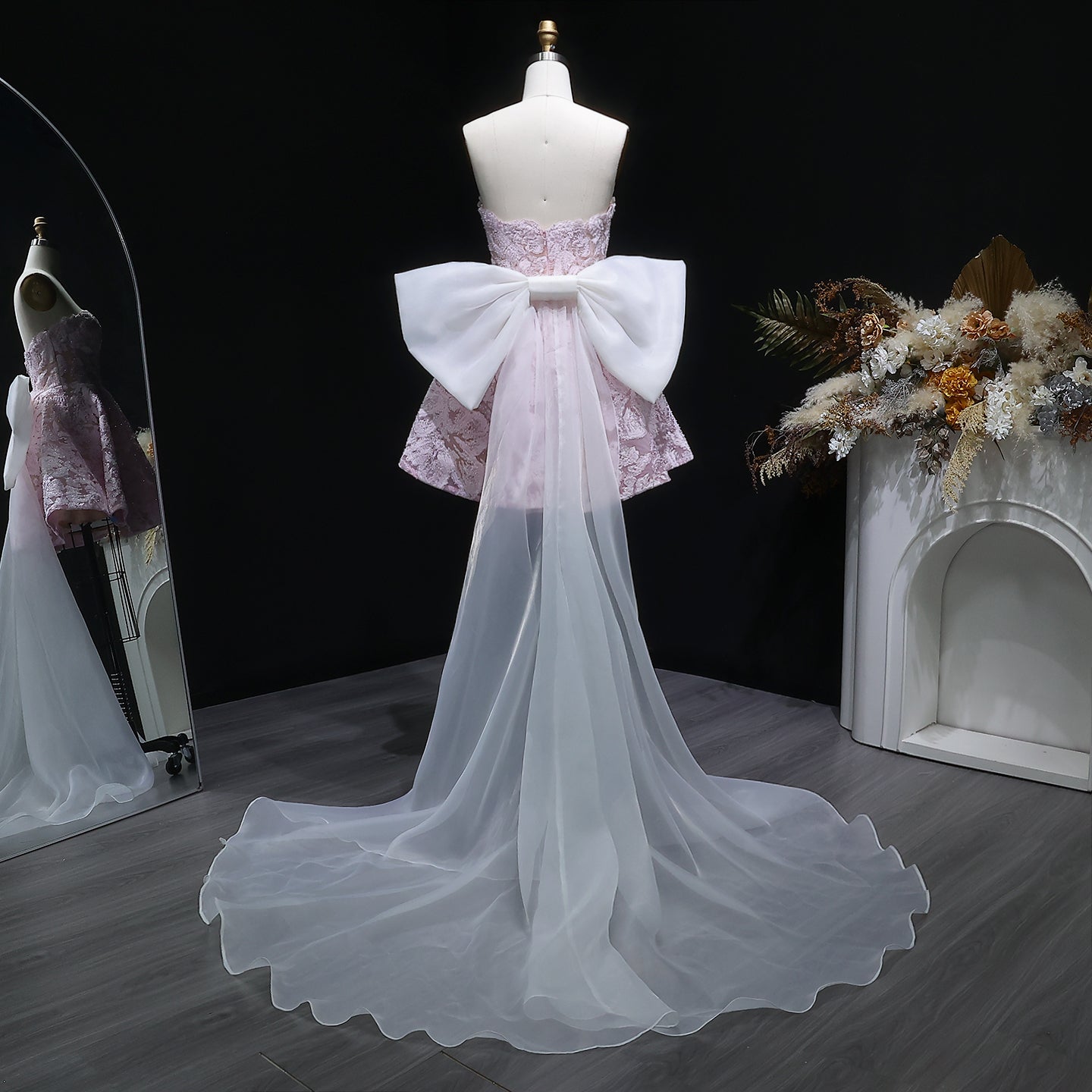 Light Blue Strapless Lace Short Prom Dress with Oversized Bow Train RM138 Sheer Fairy