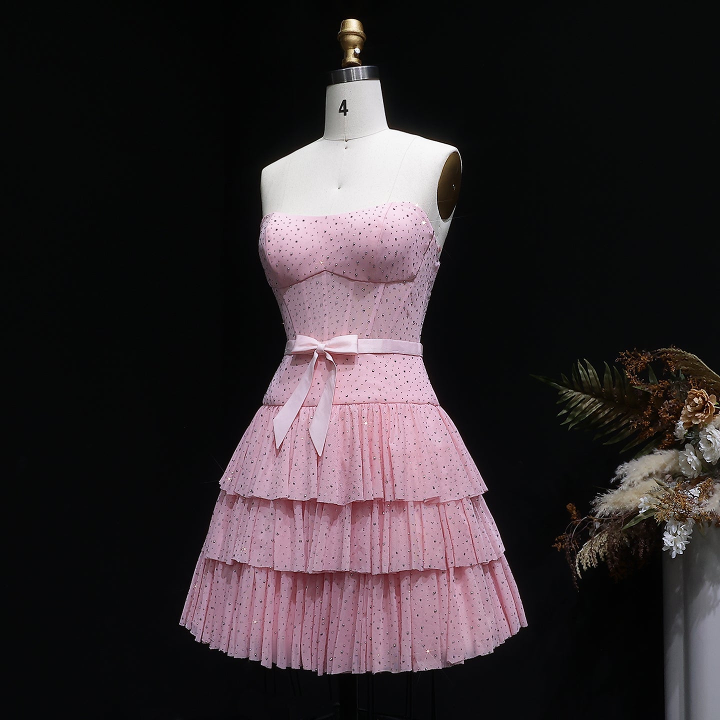 Blush Pink Strapless Tiered Tulle Homecoming Dress with Rhinestones & Bow RM134 Sheer Fairy