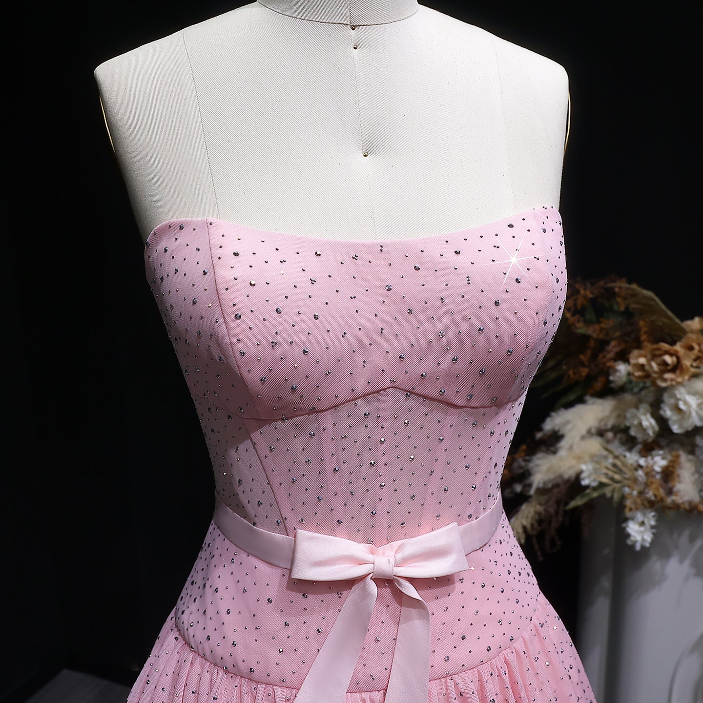 Blush Pink Strapless Tiered Tulle Homecoming Dress with Rhinestones & Bow RM134 Sheer Fairy