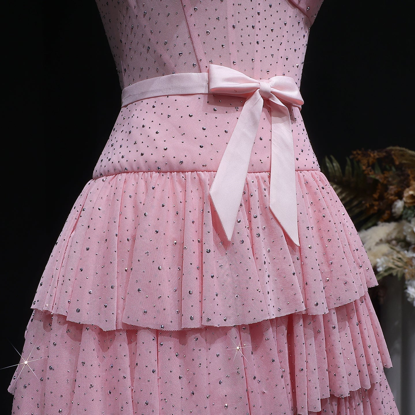 Blush Pink Strapless Tiered Tulle Homecoming Dress with Rhinestones & Bow RM134 Sheer Fairy