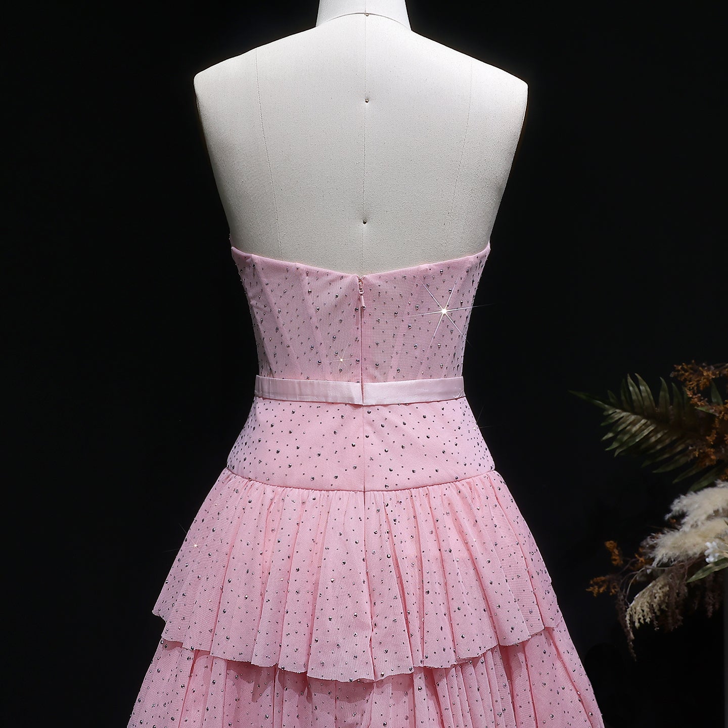 Blush Pink Strapless Tiered Tulle Homecoming Dress with Rhinestones & Bow RM134 Sheer Fairy