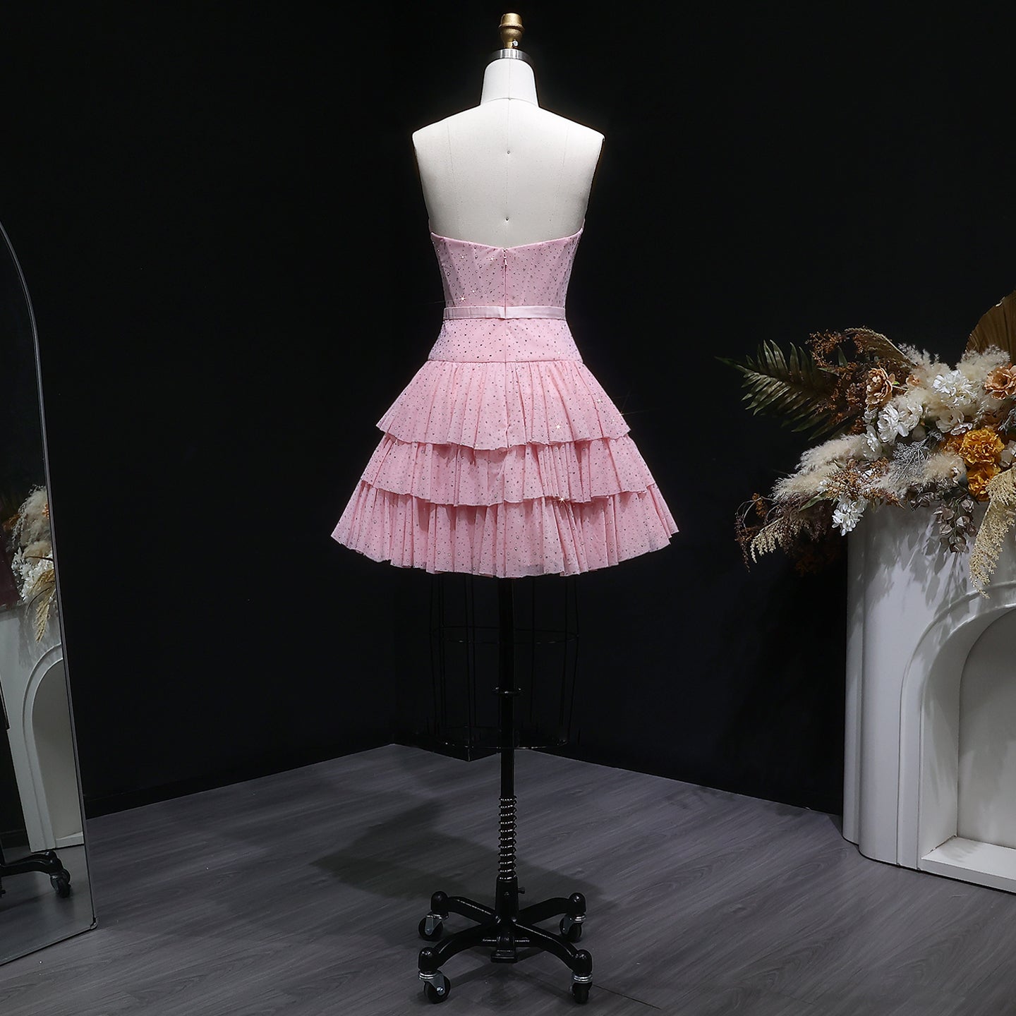 Blush Pink Strapless Tiered Tulle Homecoming Dress with Rhinestones & Bow RM134 Sheer Fairy