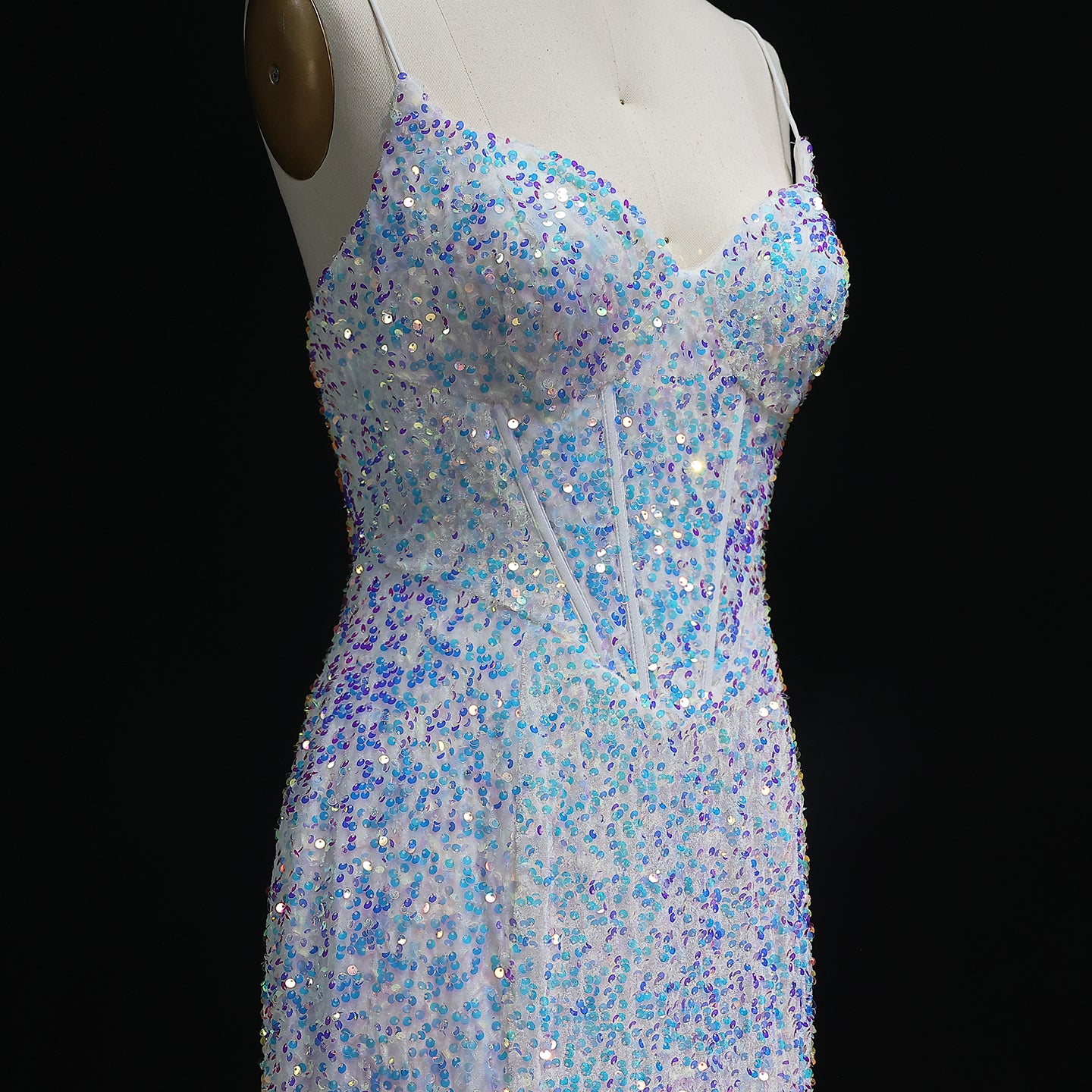 Sparkle Sequined Colored White Mermaid Prom Dresses for Girls Spaghetti Straps Graduation Party
