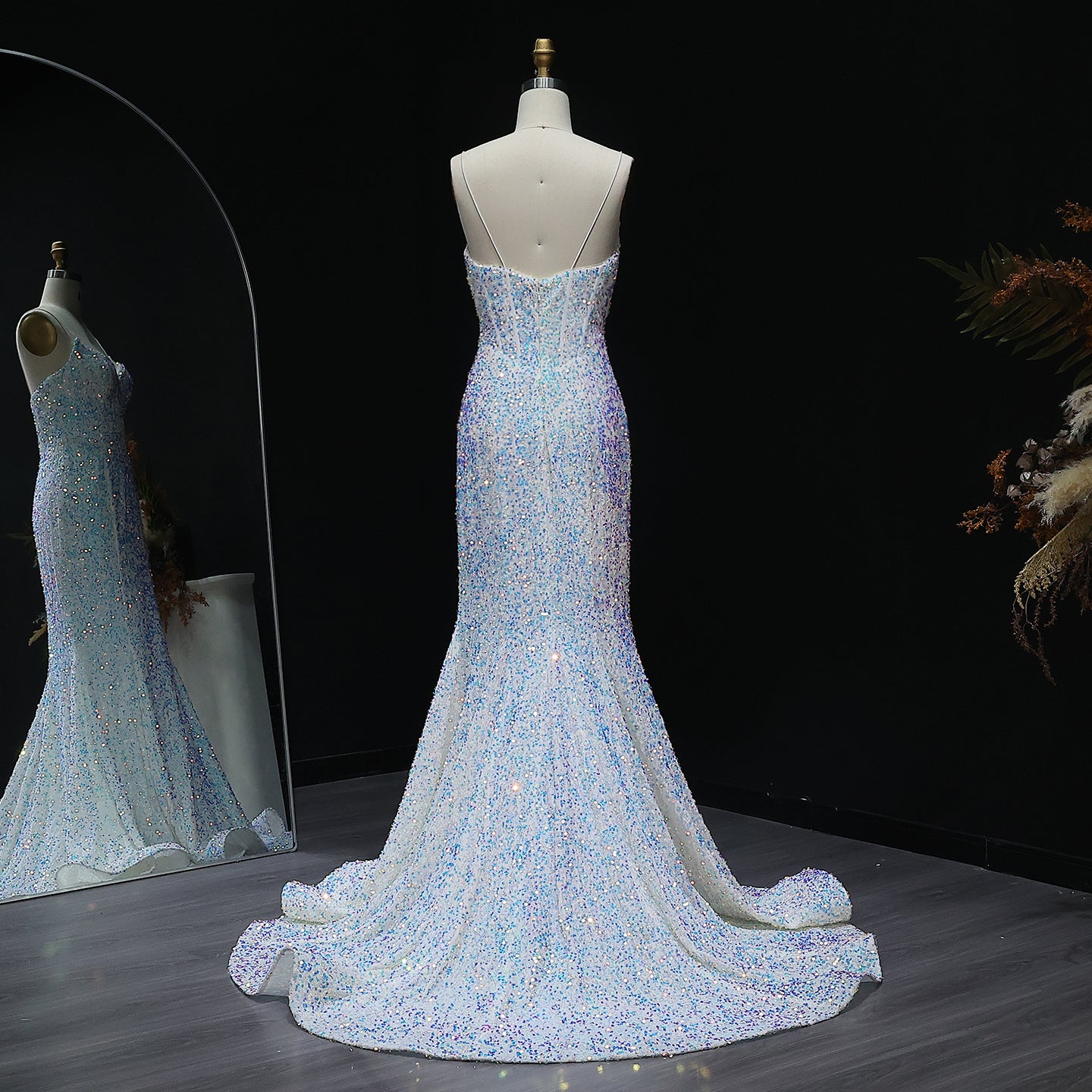 Sparkle Sequined Colored White Mermaid Prom Dresses for Girls Spaghetti Straps Graduation Party