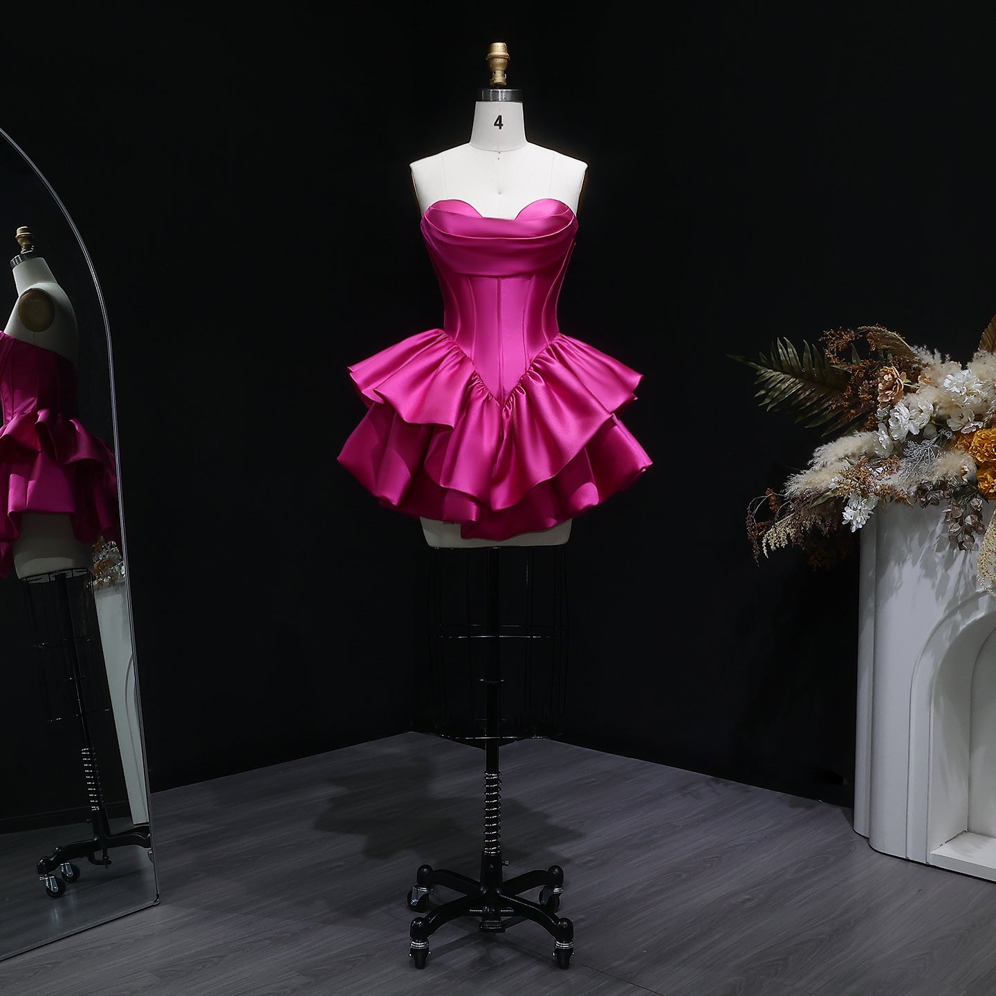 Fuchsia Sweetheart Satin Corset Short Homecoming Dress with Layered Ruffle Skirt RM142 Sheer Fairy