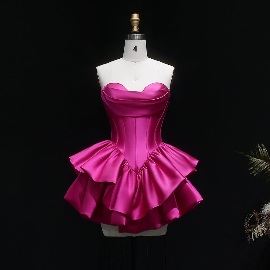 Fuchsia Sweetheart Satin Corset Short Homecoming Dress with Layered Ruffle Skirt RM142 Sheer Fairy