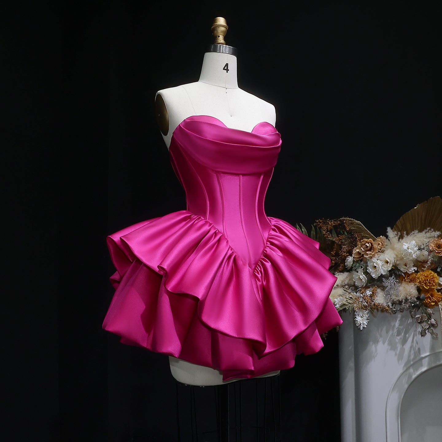 Fuchsia Sweetheart Satin Corset Short Homecoming Dress with Layered Ruffle Skirt RM142 Sheer Fairy