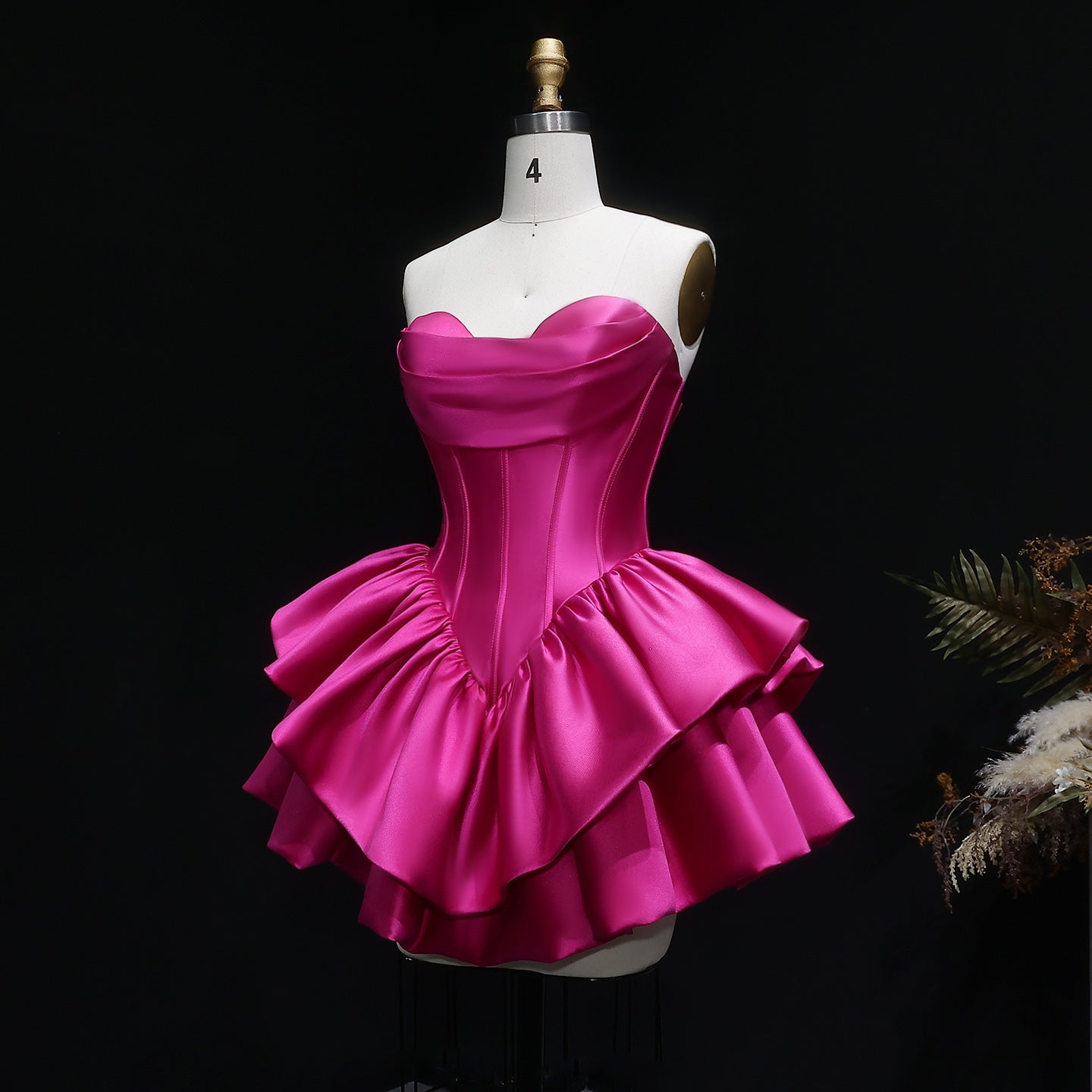 Fuchsia Sweetheart Satin Corset Short Homecoming Dress with Layered Ruffle Skirt RM142 Sheer Fairy