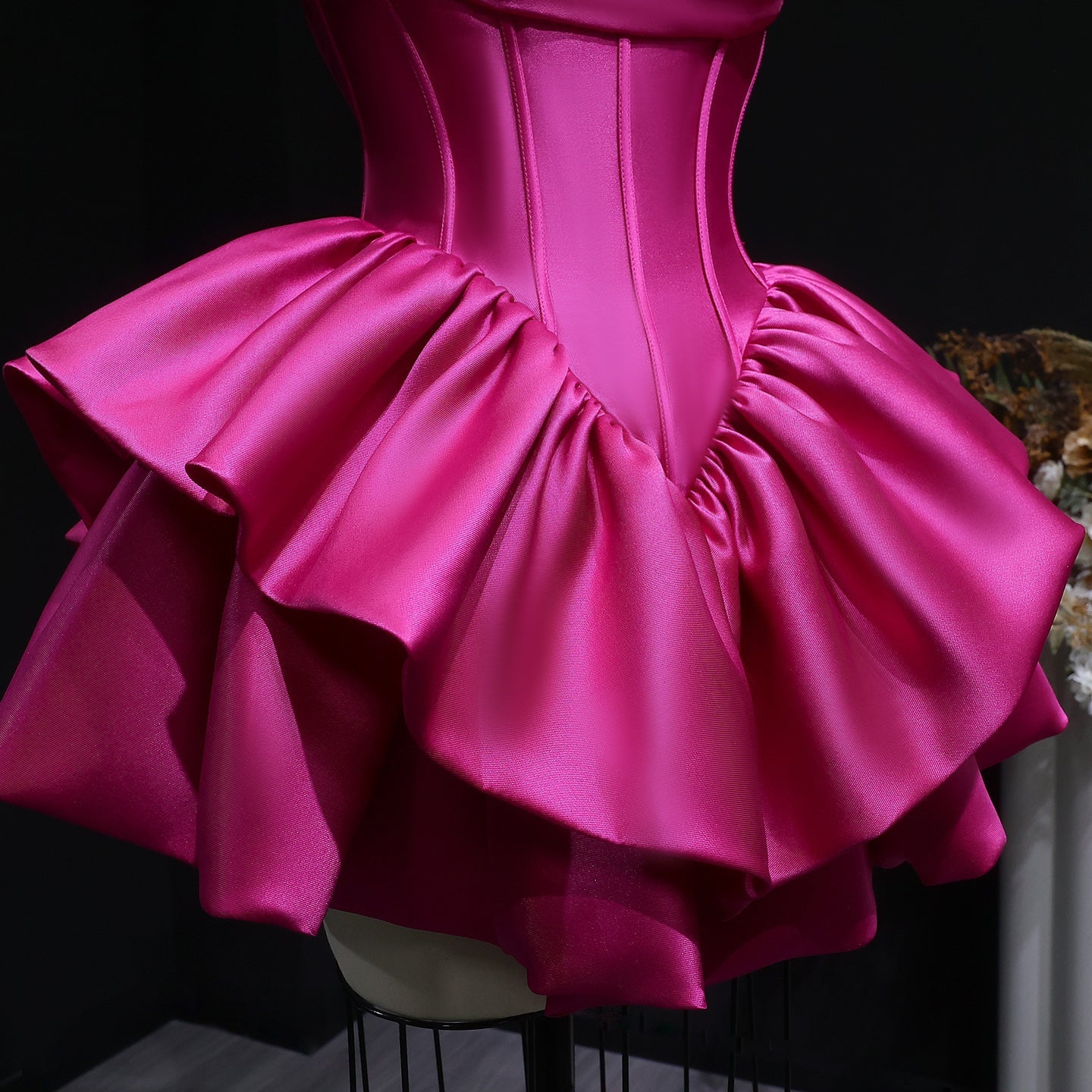 Fuchsia Sweetheart Satin Corset Short Homecoming Dress with Layered Ruffle Skirt RM142 Sheer Fairy