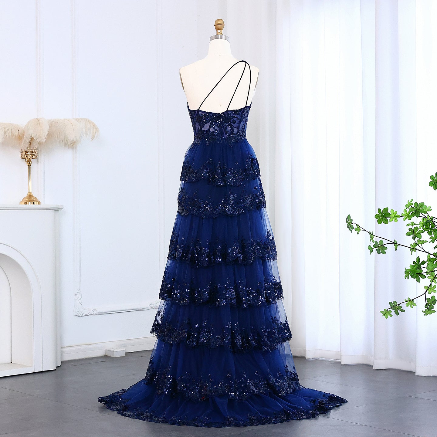 Ruffled Lace Sequin A-Line One-Shoulder Prom Dress SH156 - SHEER FAIRY