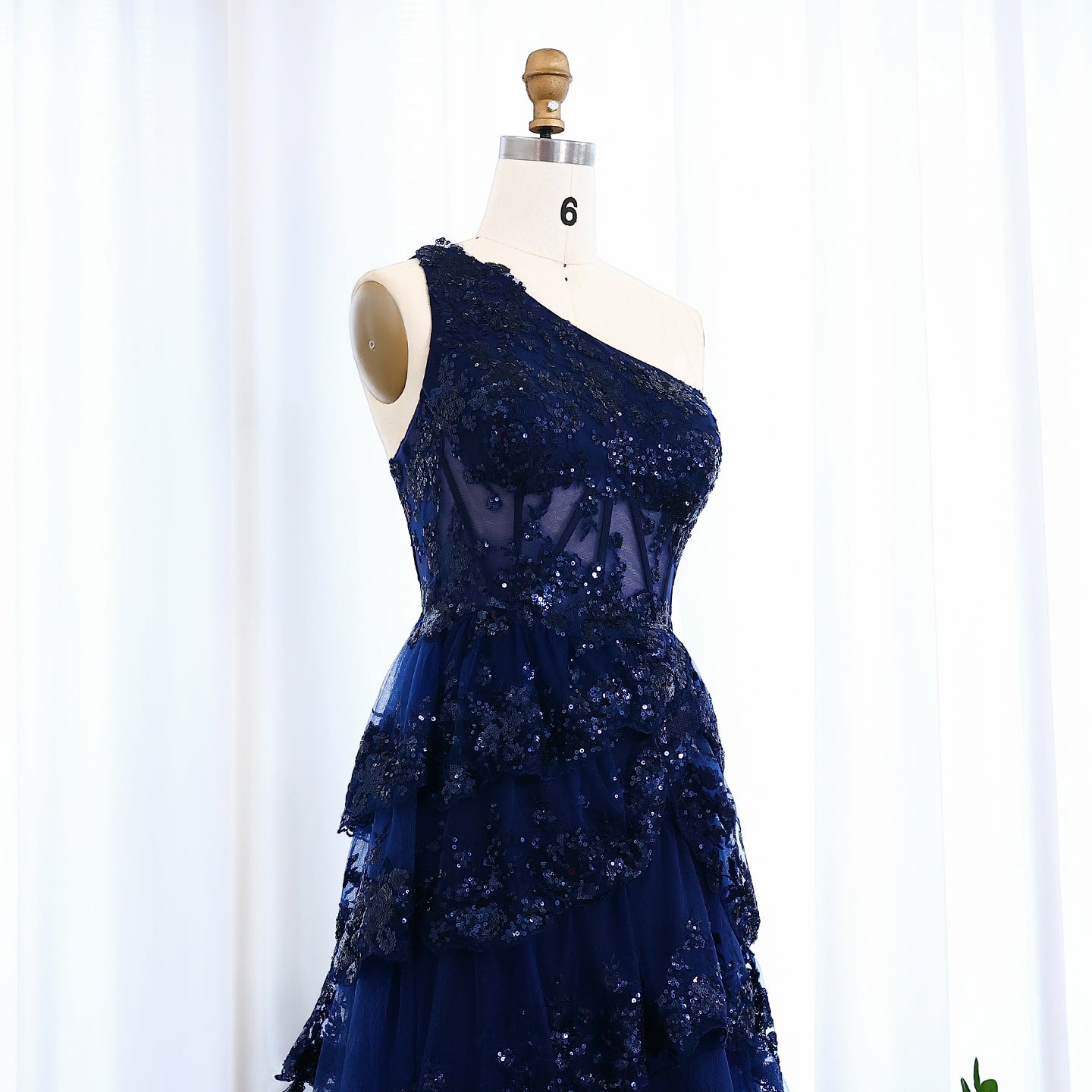 Ruffled Lace Sequin A-Line One-Shoulder Prom Dress SH156 - SHEER FAIRY