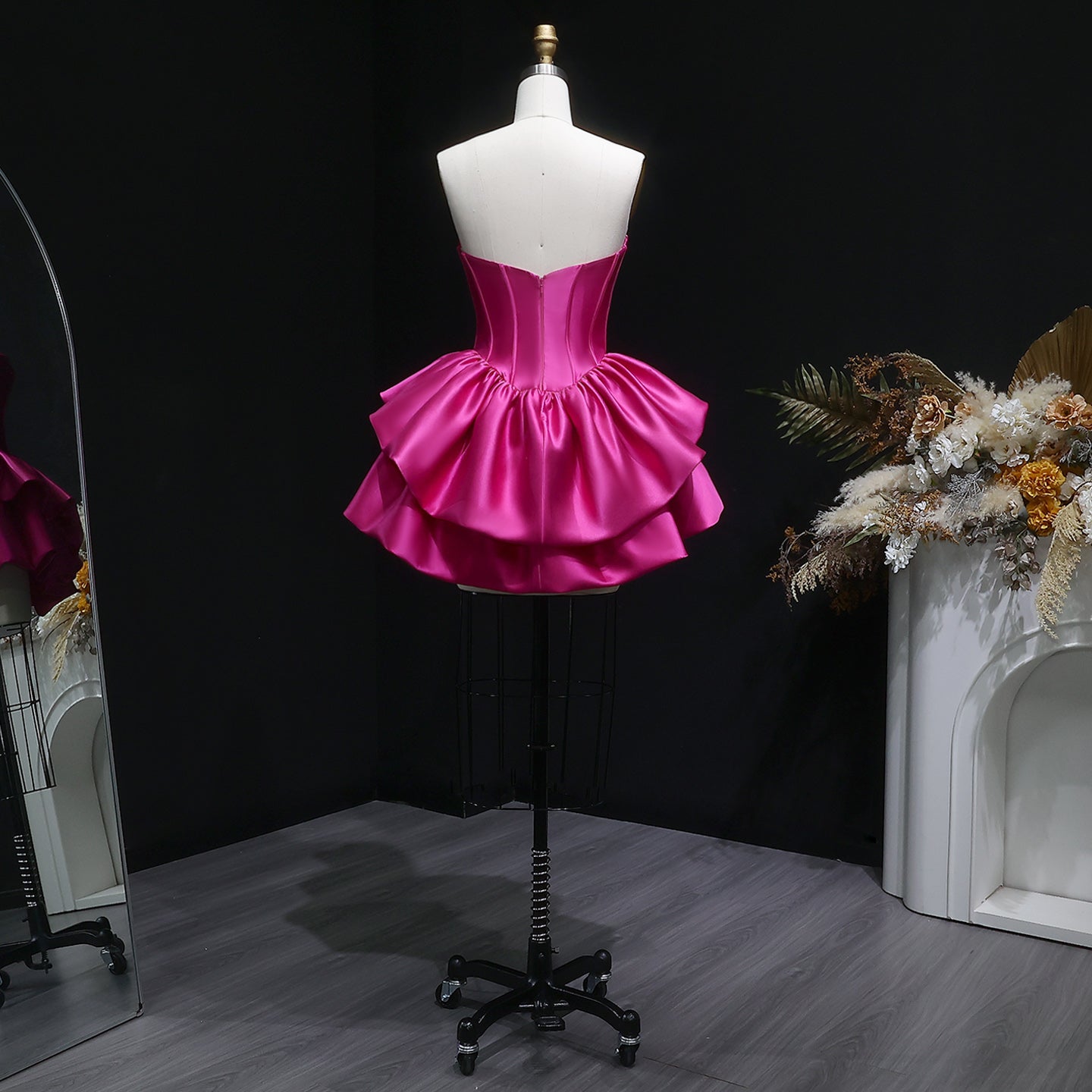 Fuchsia Sweetheart Satin Corset Short Homecoming Dress with Layered Ruffle Skirt RM142 Sheer Fairy