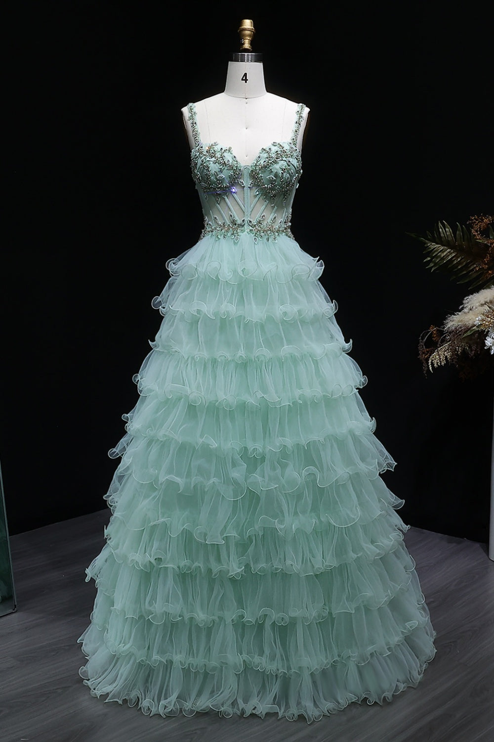 Mint Sage Green Spaghetti Strap 3D Floral Tiered Tulle Prom Dress SH054 Sheer Fairy