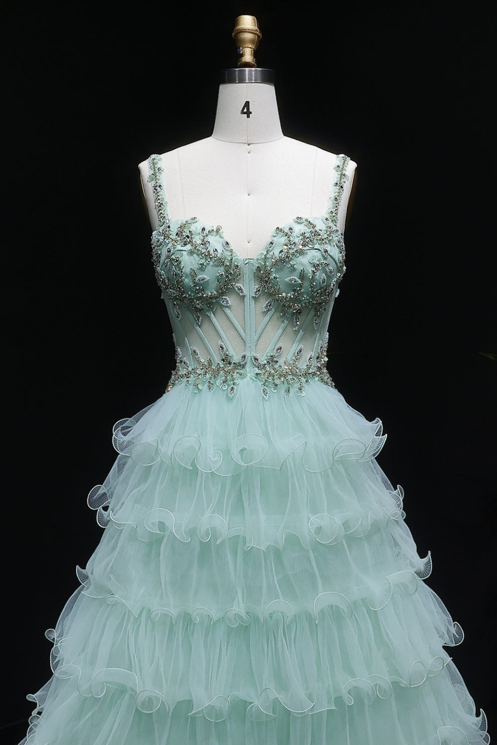 Mint Sage Green Spaghetti Strap 3D Floral Tiered Tulle Prom Dress SH054 Sheer Fairy