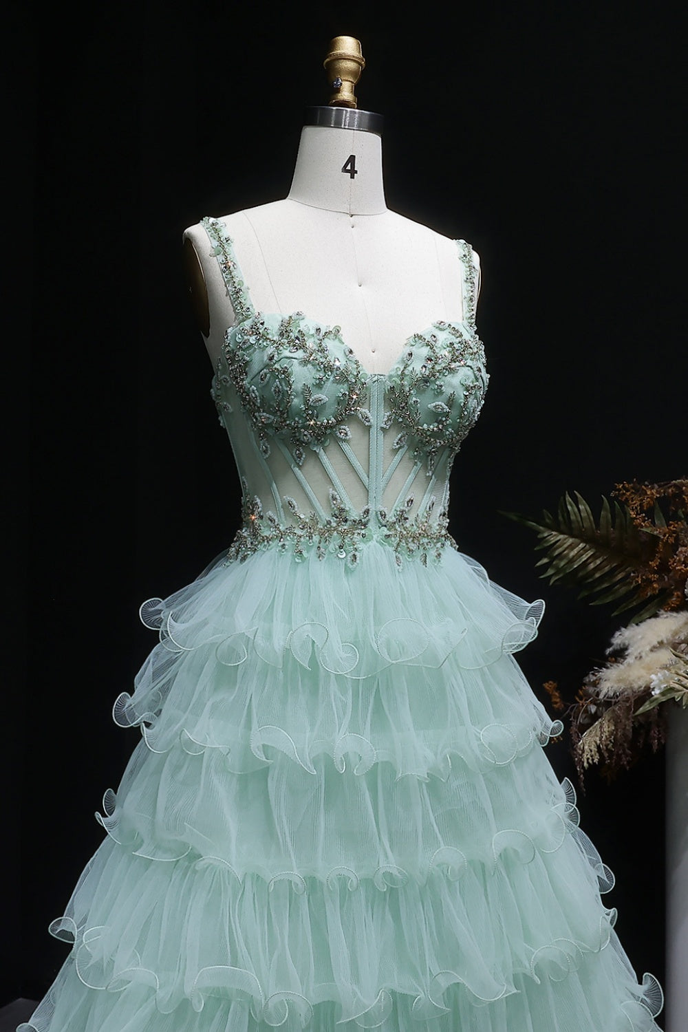 Mint Sage Green Spaghetti Strap 3D Floral Tiered Tulle Prom Dress SH054 Sheer Fairy