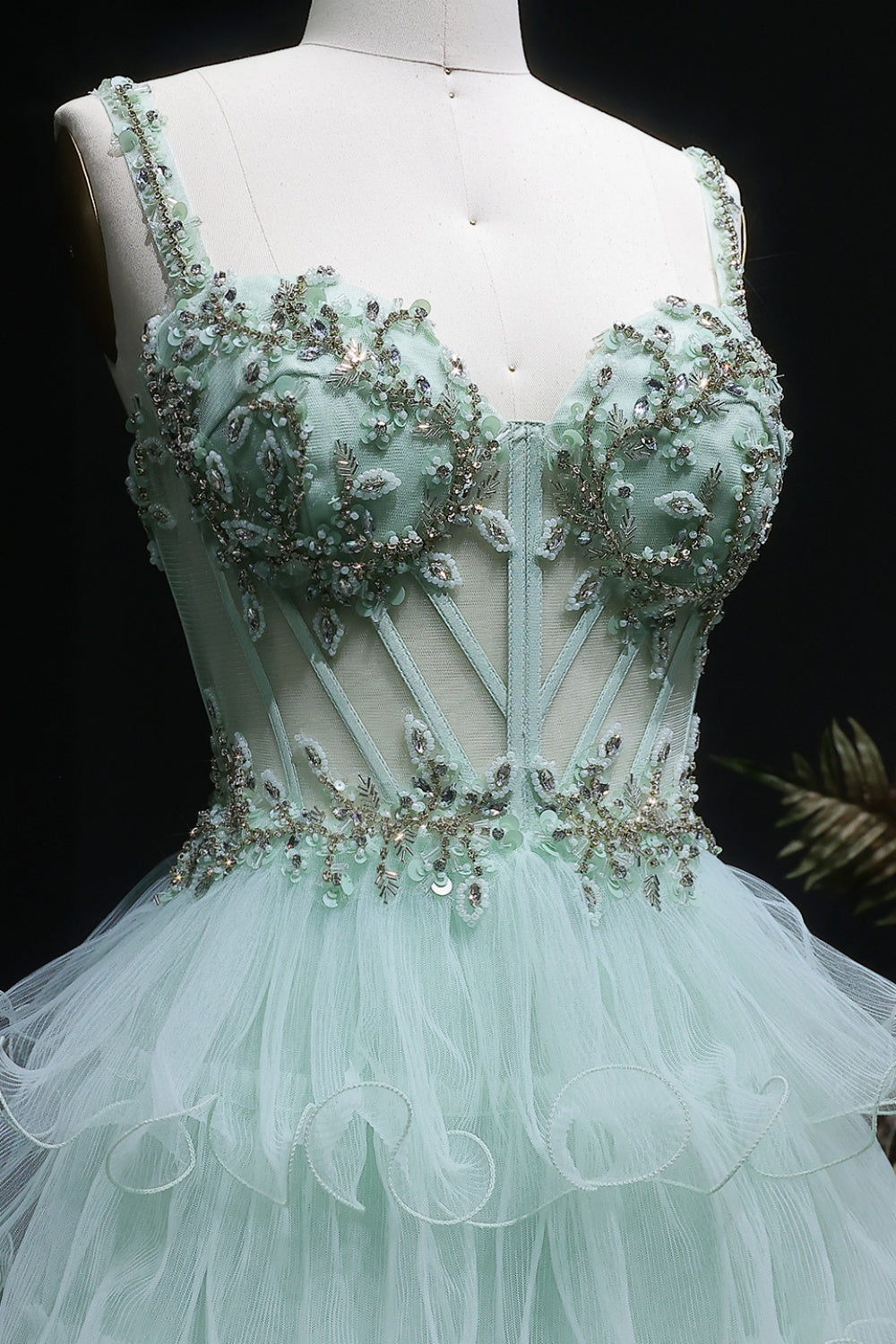 Mint Sage Green Spaghetti Strap 3D Floral Tiered Tulle Prom Dress SH054 Sheer Fairy
