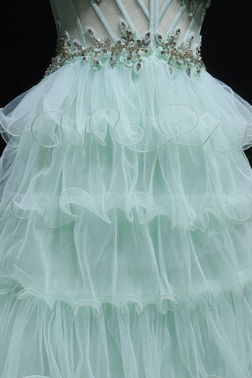 Mint Sage Green Spaghetti Strap 3D Floral Tiered Tulle Prom Dress SH054 Sheer Fairy