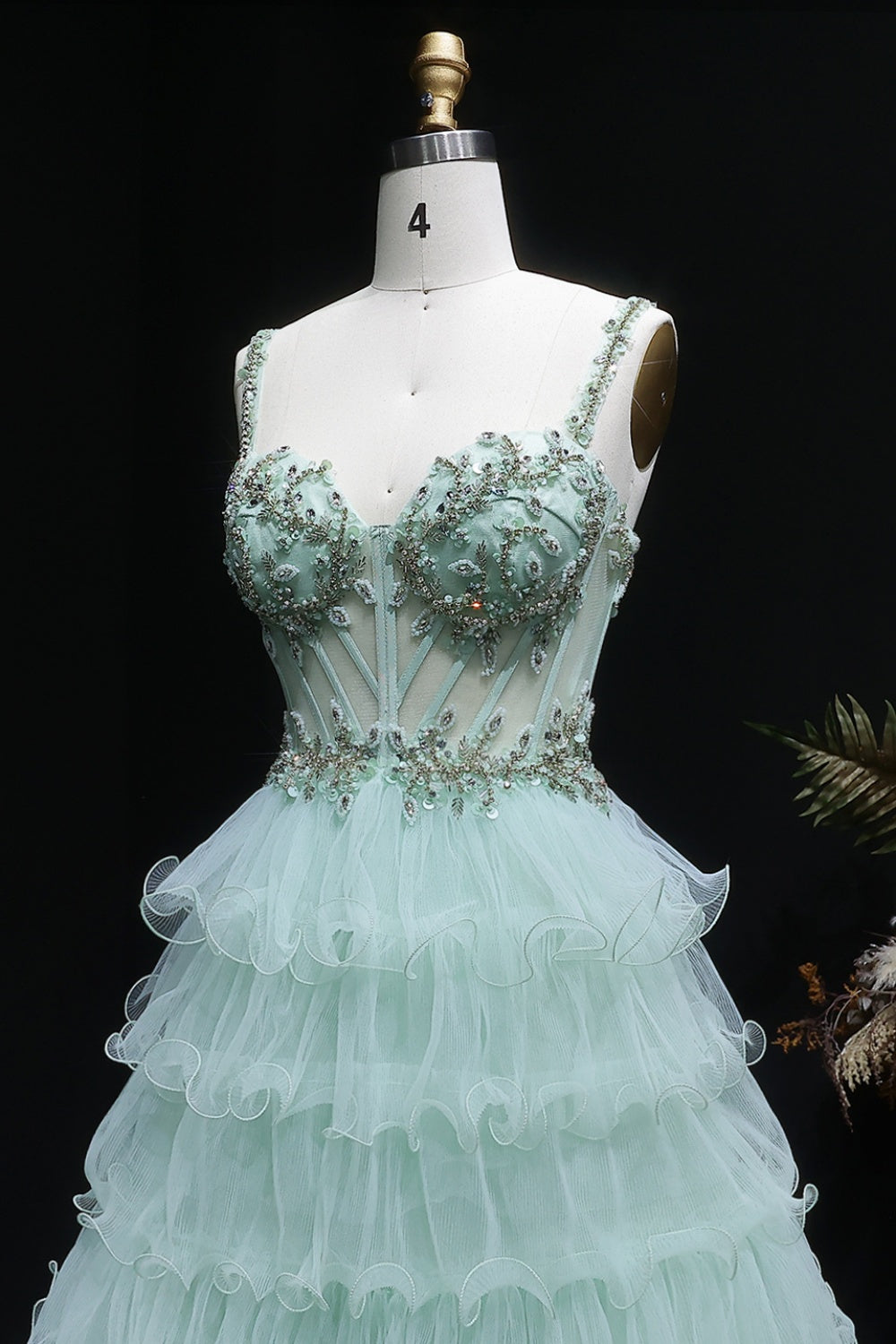 Mint Sage Green Spaghetti Strap 3D Floral Tiered Tulle Prom Dress SH054 Sheer Fairy