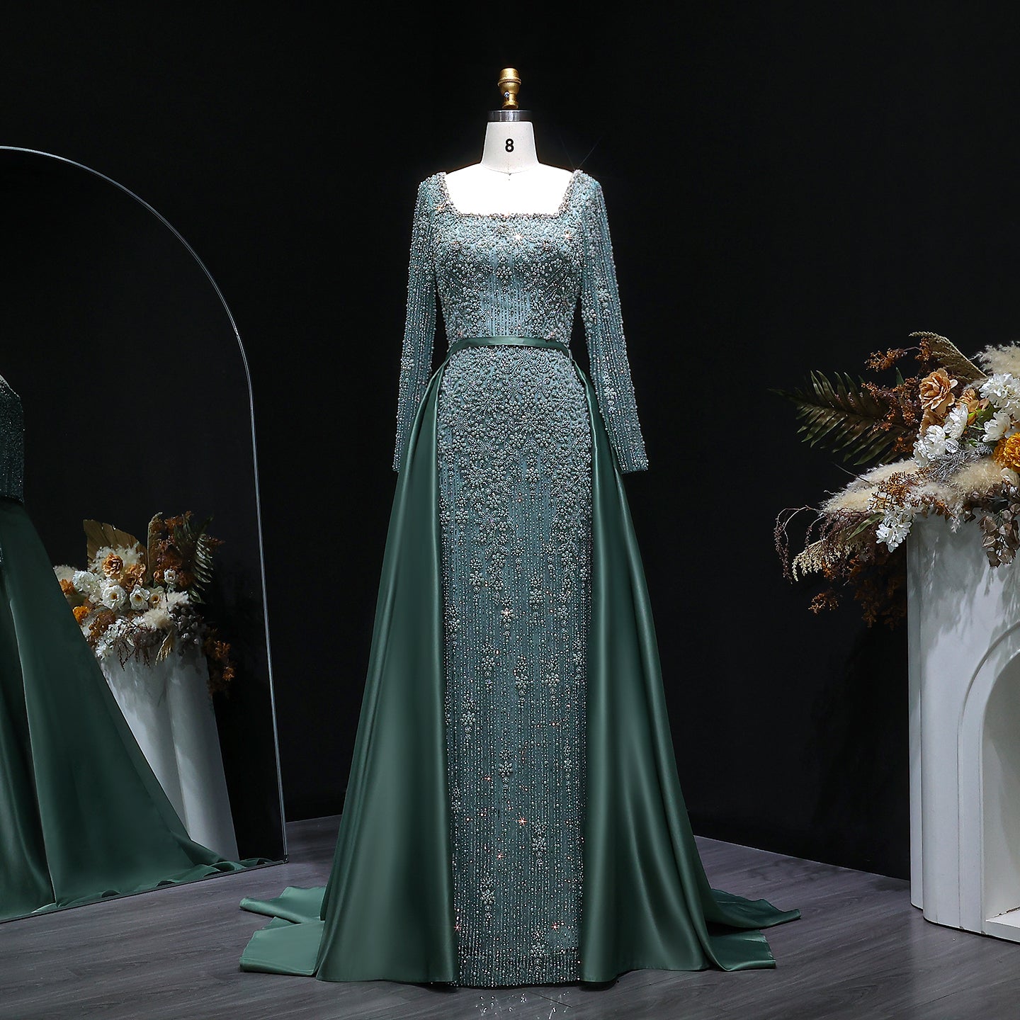 Teal Blue Beaded Square Neck A-Line Long Sleeve Evening Dress SS119