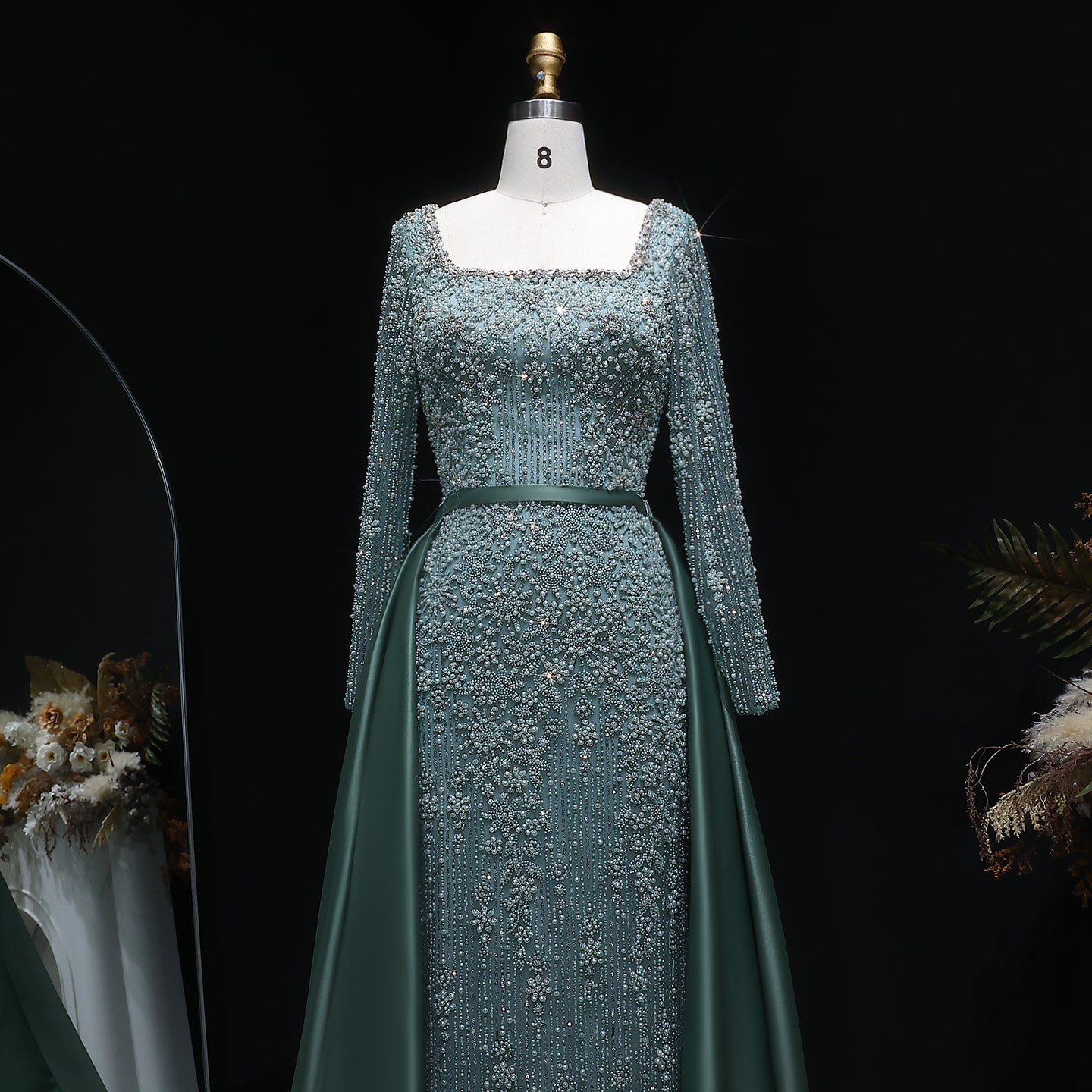 Teal Blue Beaded Square Neck A-Line Long Sleeve Evening Dress SS119