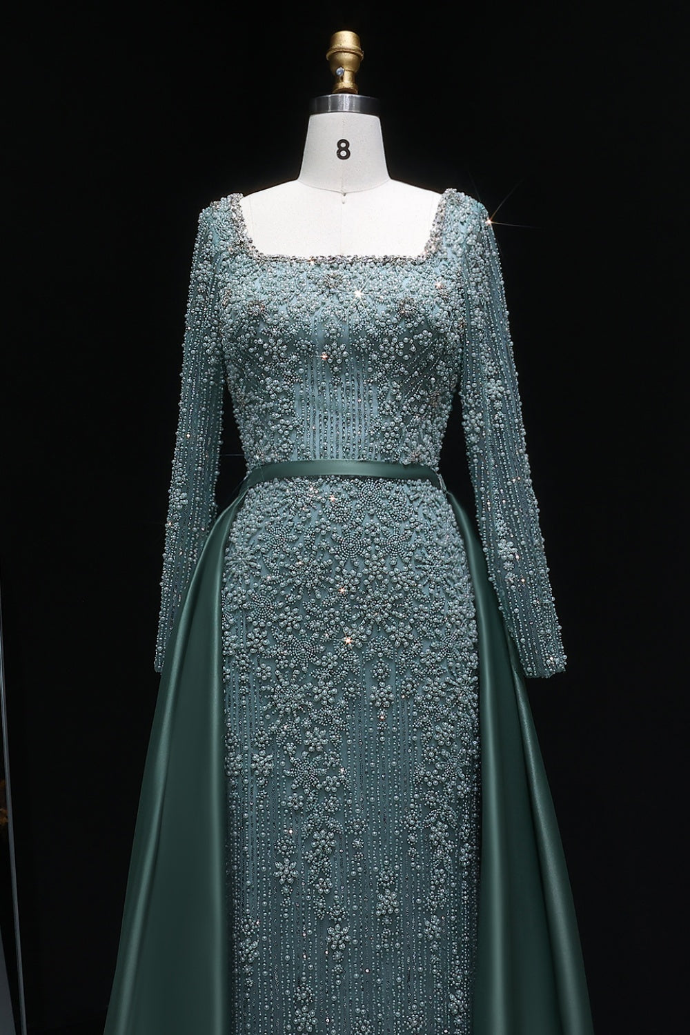 Teal Blue Beaded Square Neck A-Line Long Sleeve Evening Dress SS119 Sheer Fairy