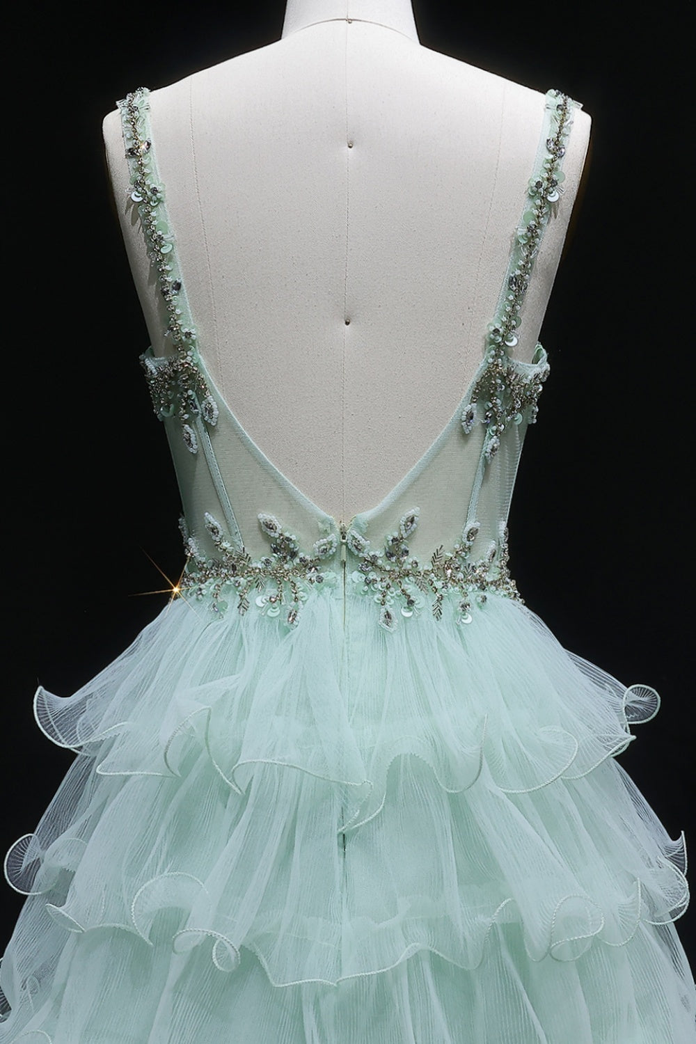Mint Sage Green Spaghetti Strap 3D Floral Tiered Tulle Prom Dress SH054 Sheer Fairy